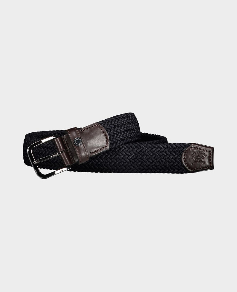 Leather trimmed woven elastic belt 1