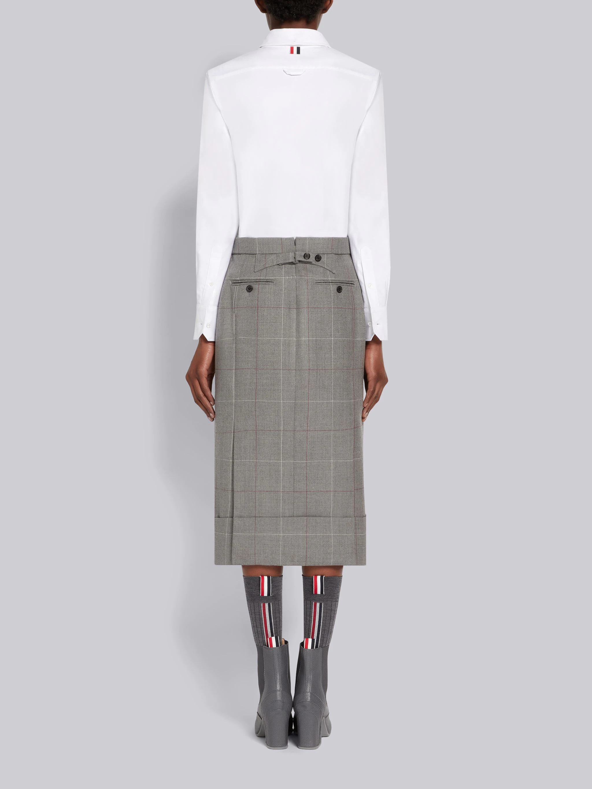 Medium Grey Oxford & Herringbone Windowpane Wool Suiting Knee Length Shirtdress - 3