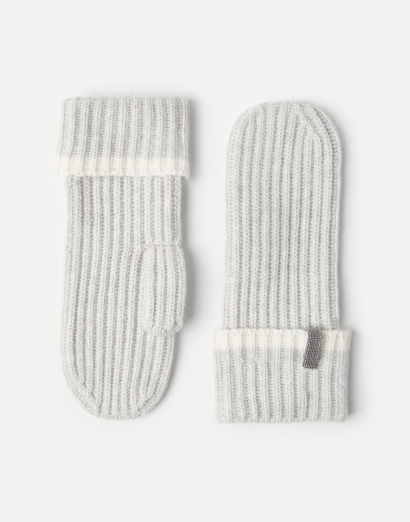 Cashmere English rib knit mittens with monili 1