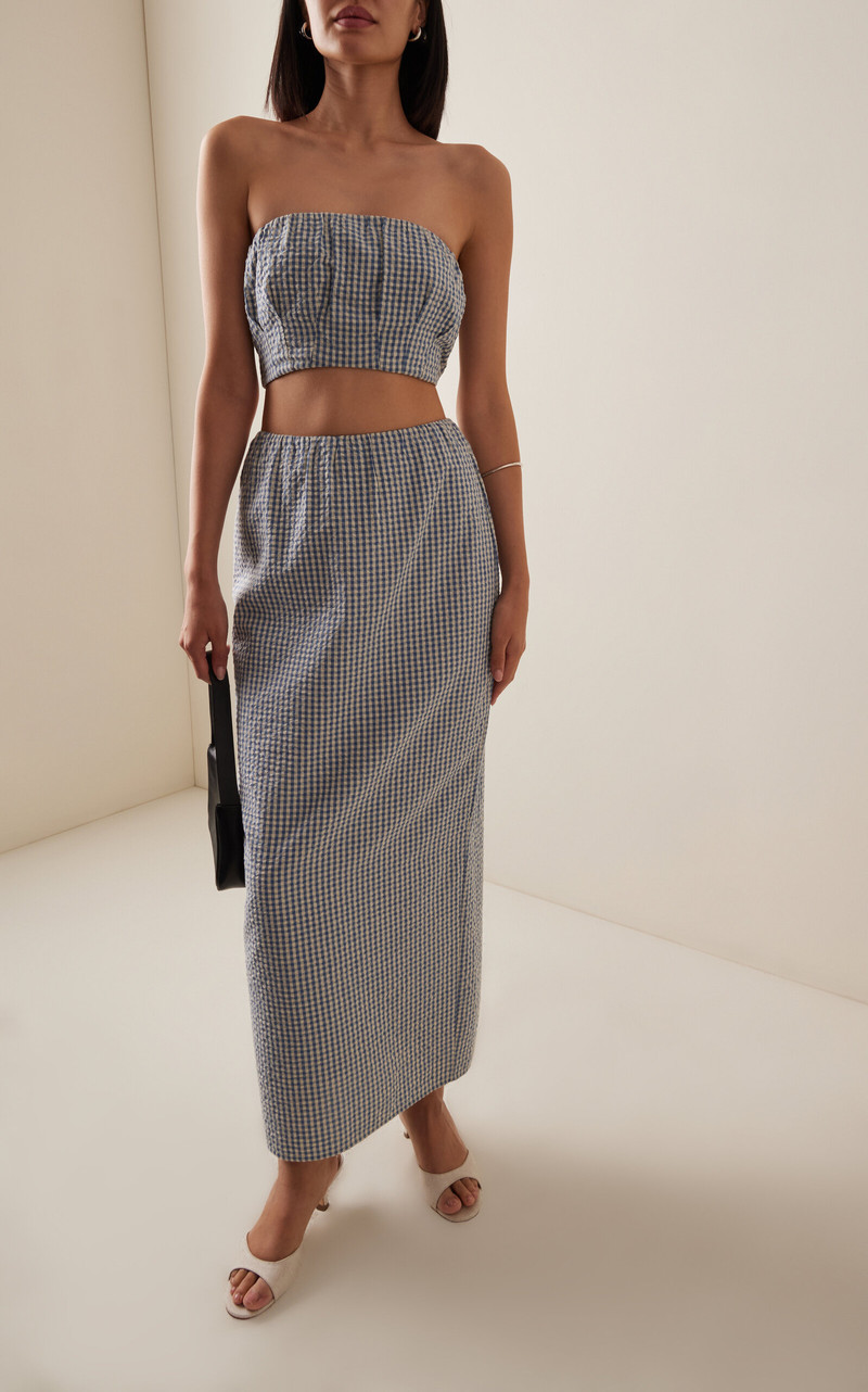 POSSE Mira Gingham Cottom Maxi Skirt blue outlook