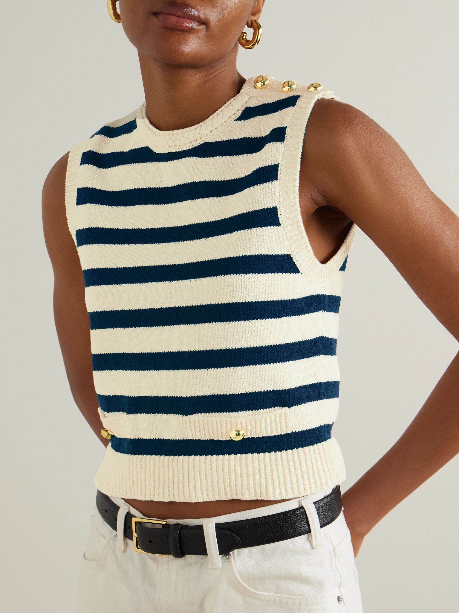 The Harbor button-embellished striped cotton-blend vest Cream - 3