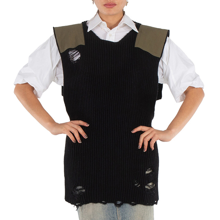 Mm6 Ladies Black Distressed Panelled Ribbed Vest, Size One Size - 3