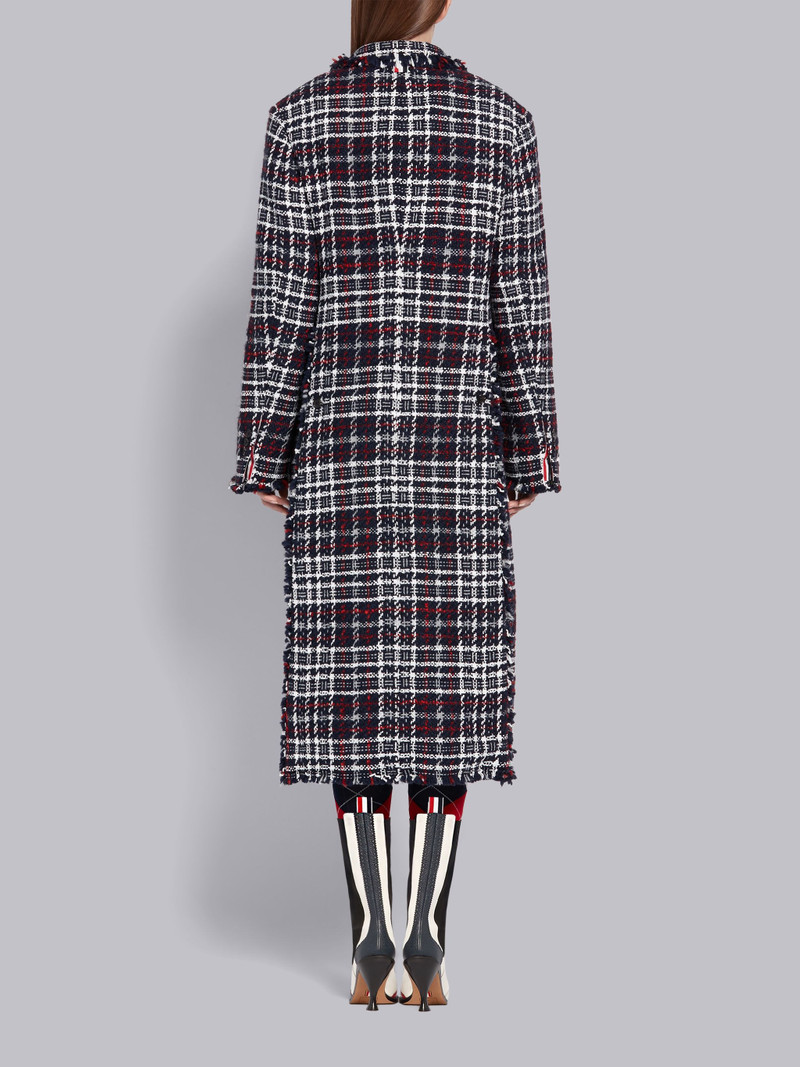 Navy Check Tweed Frayed Edge Ticket Pocket Long Chesterfield Overcoat 3