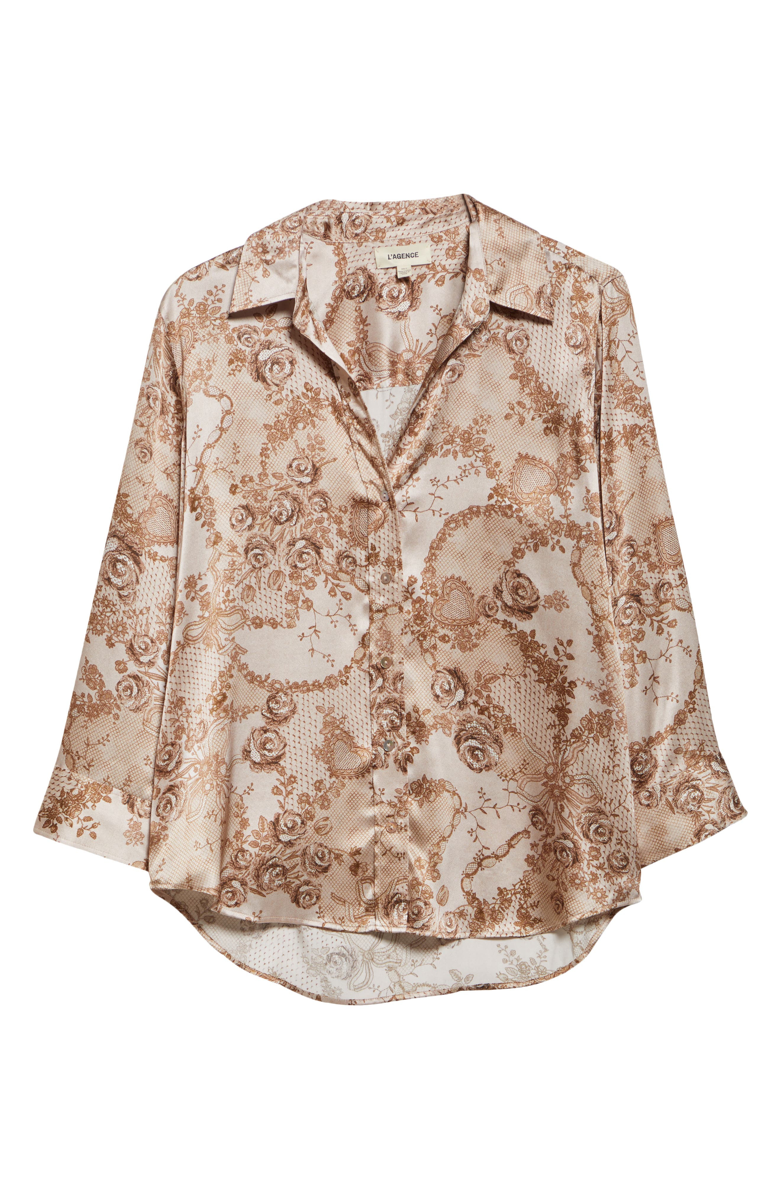 L'AGENCE Dani Lace Print Three-Quarter Sleeve Silk Button-Up Shirt in Toasted Almond Lace Print at N - 5
