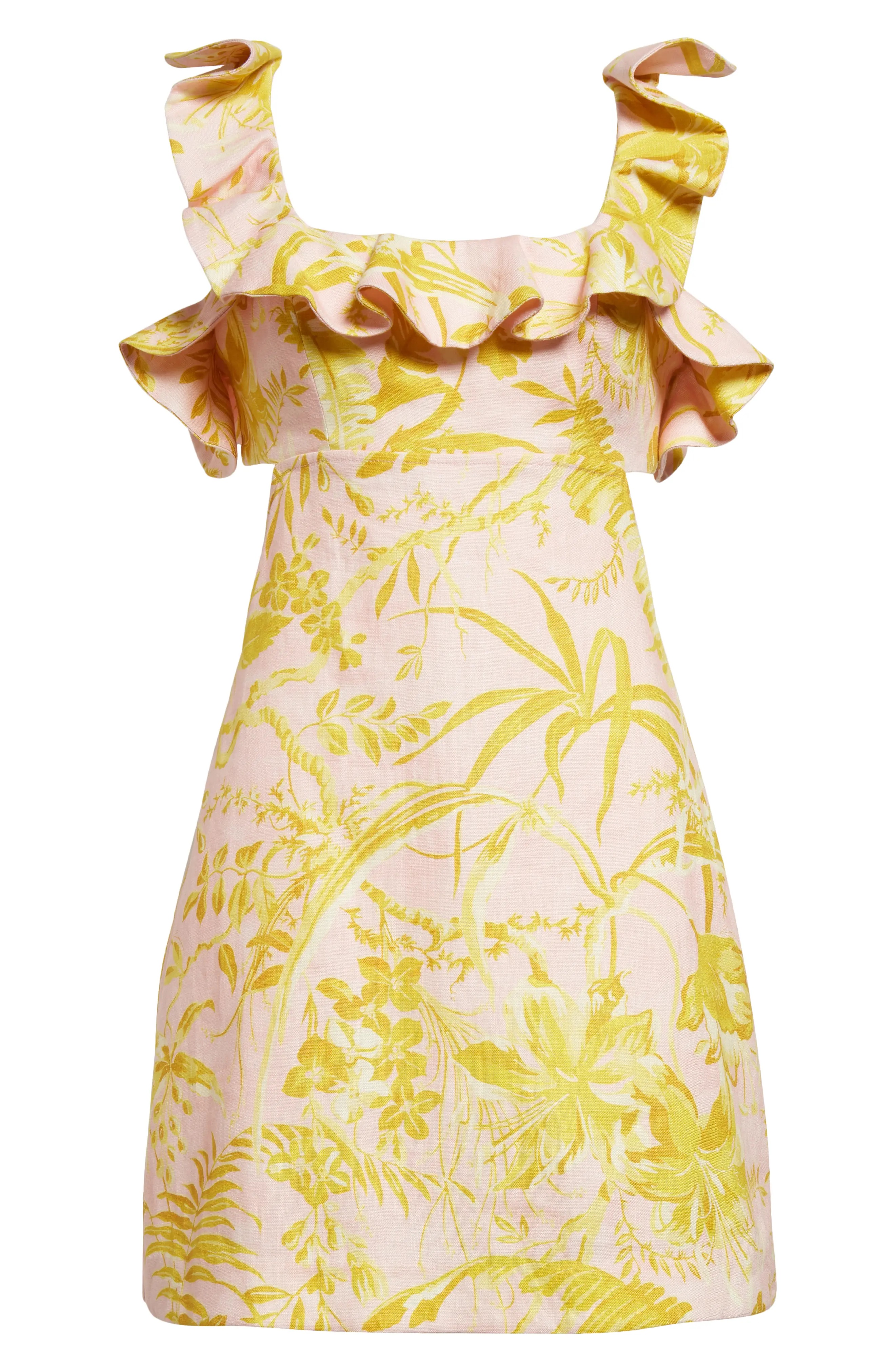 Golden Tropical Print Ruffle Linen Minidress in Pink/Gold Floral - 5