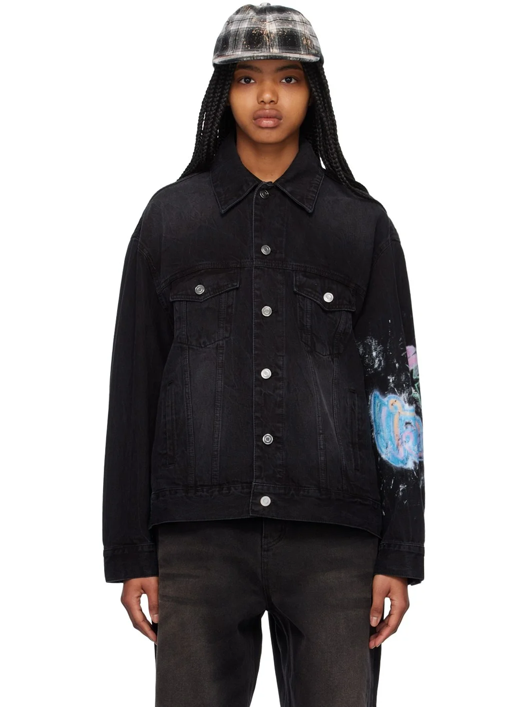 Black Graphic Denim Jacket - 1