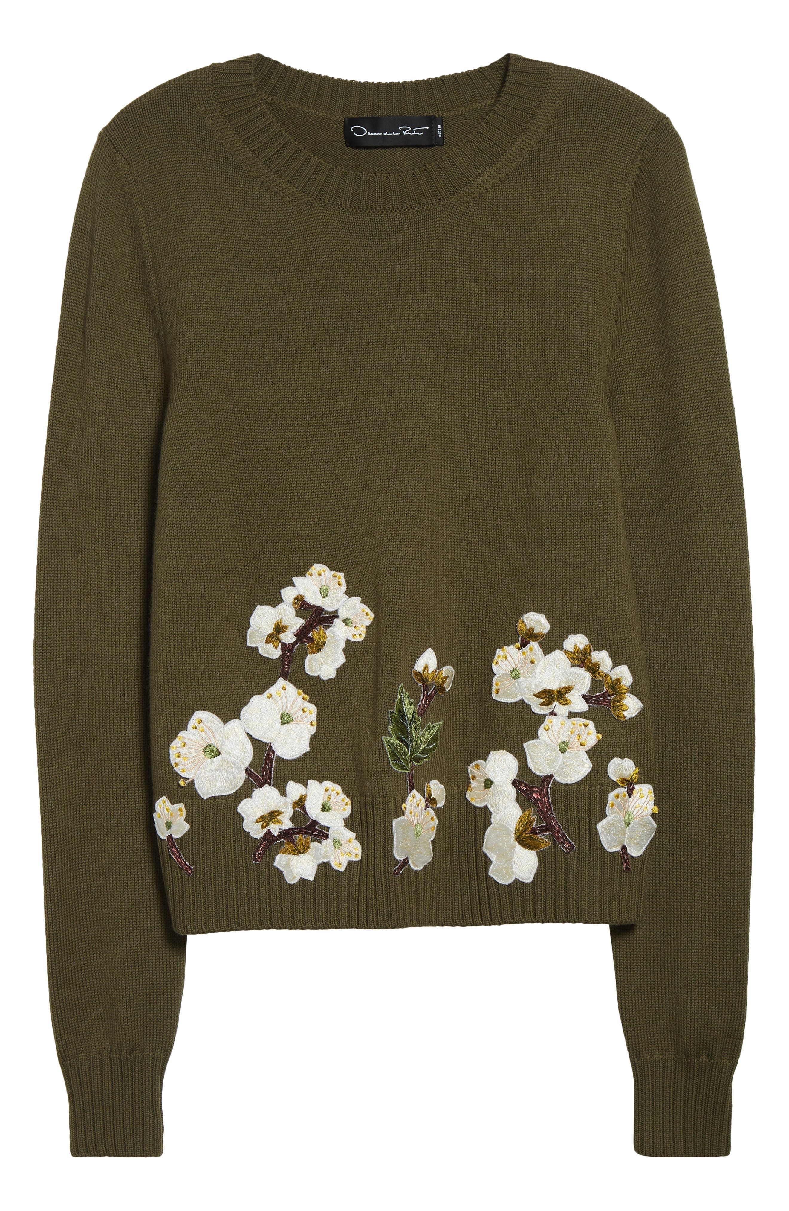 Oscar de la Renta Cherry Blossom Embroidered Virgin Wool Sweater in Khaki at Nordstrom - 5