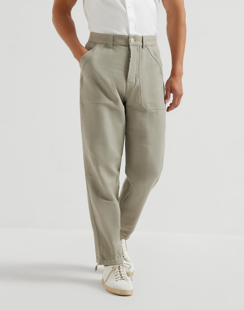 Linen and cotton drill trousers with patch pockets and drawstring 2