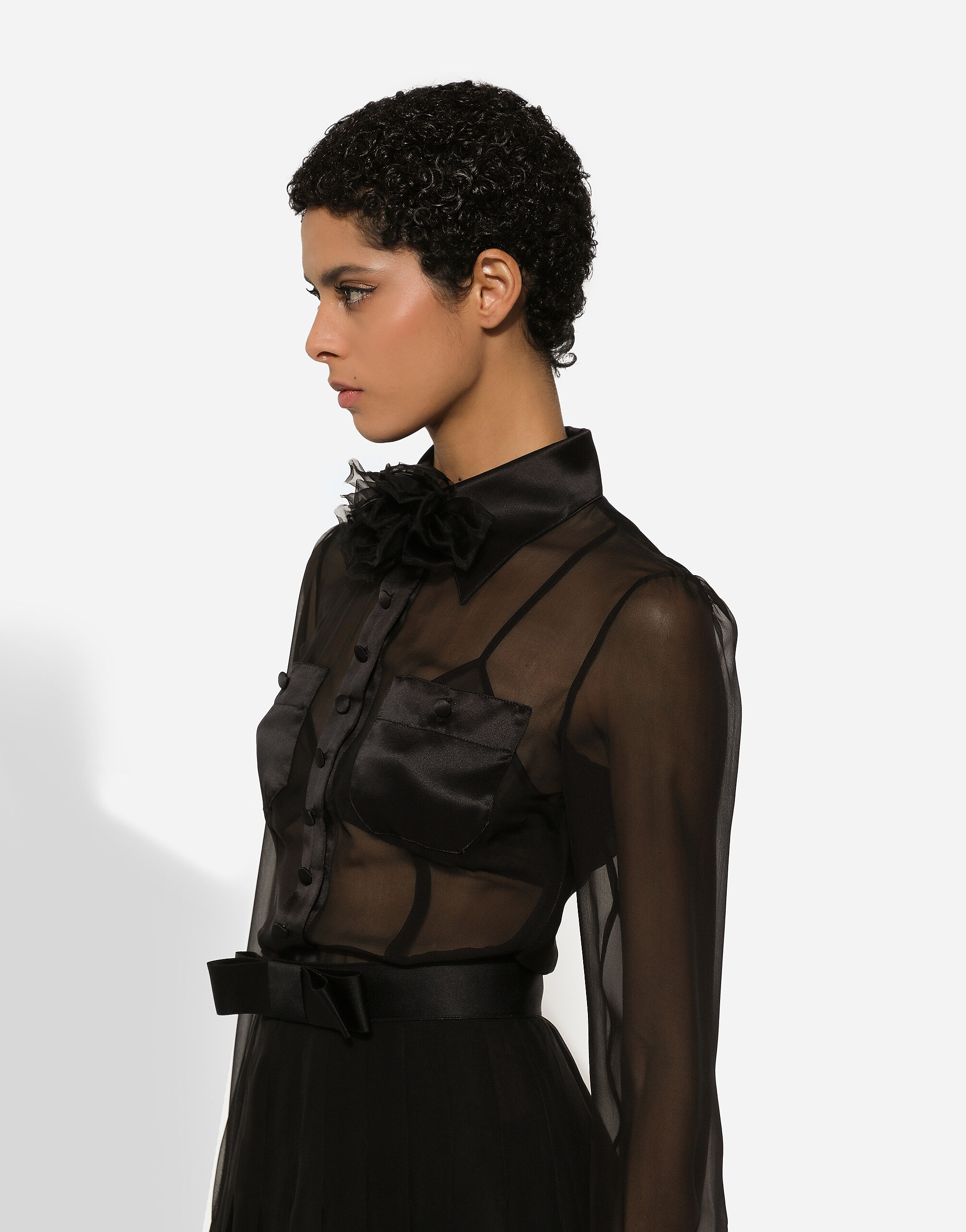 Chiffon calf-length shirt dress with satin details - 8