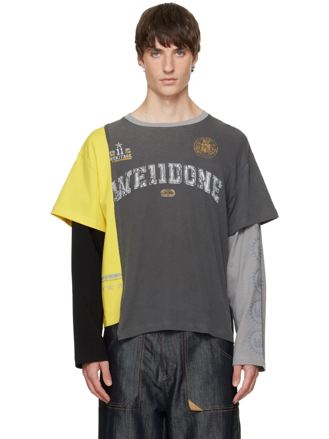 Gray Patchwork Layered Long-Sleeve T-shirt - 1