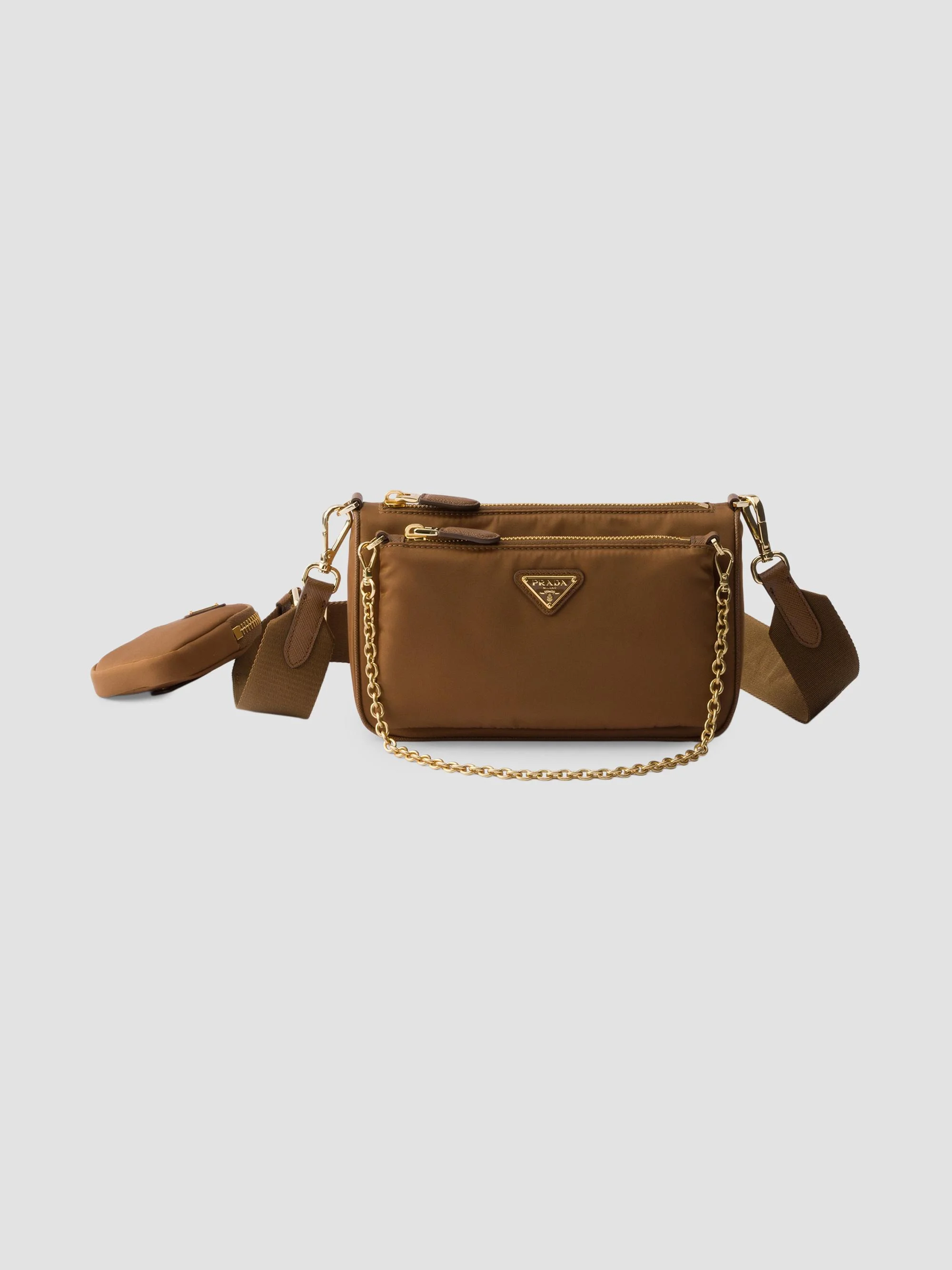 Women's Re-Nylon and Saffiano Leather Mini Shoulder Bag - Light Brown - 1