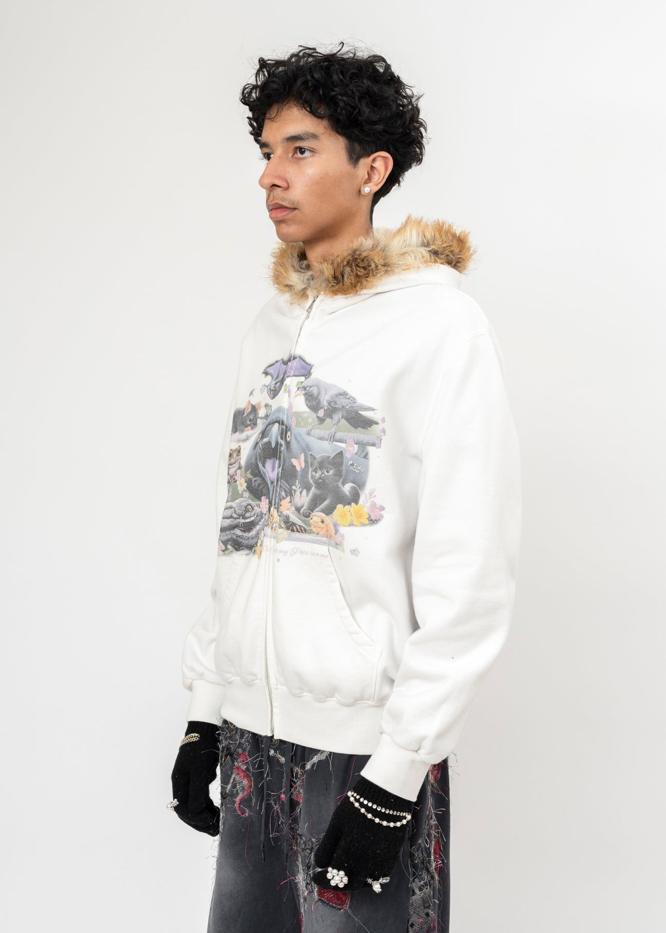IVORY DOUBLET FURRY COLLAR ZIP-UP HOODIE - 2