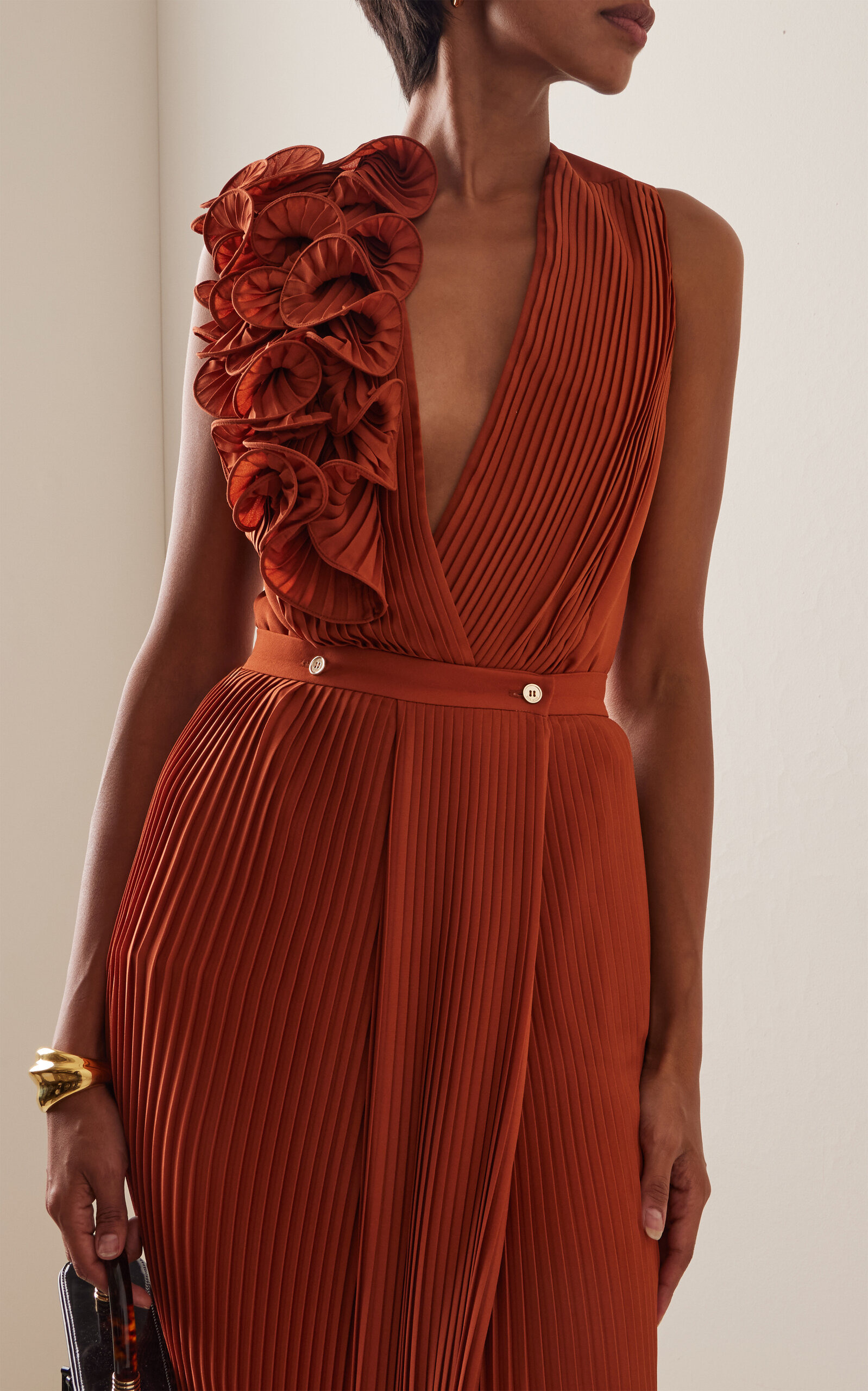 Plunged Plissé Chiffon Top orange - 2