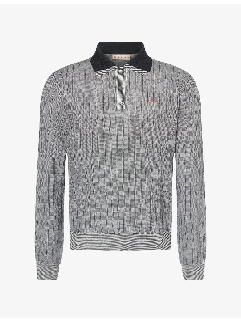 Logo-Embroidery Long-Sleeve Wool Polo Knit - 1
