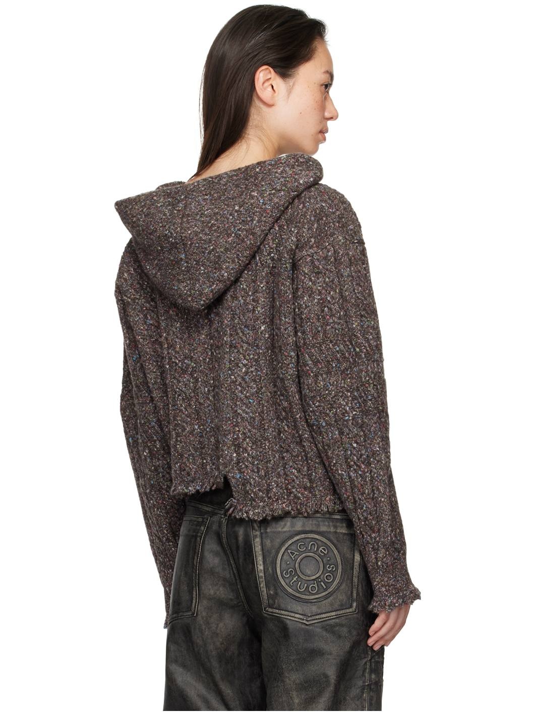 Brown Knit Open Collar Hoodie - 3