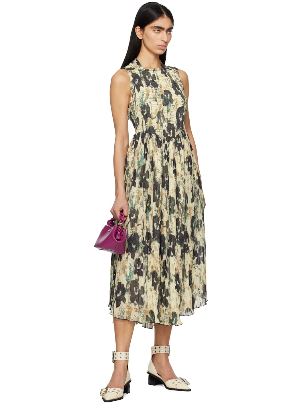 Beige & Black Printed Pleats Smock Straps Midi Dress - 4