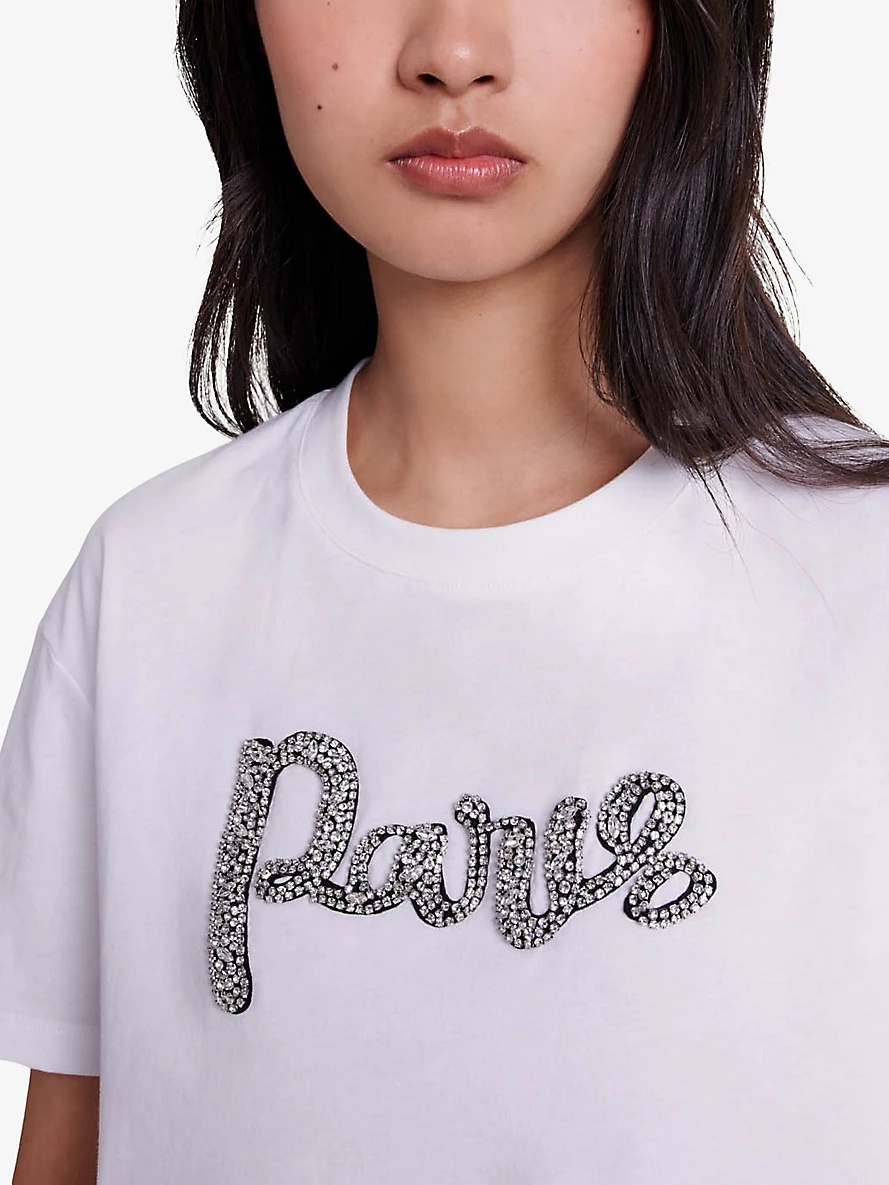 Paris rhinestone-embellished short-sleeve cotton T-shirt - 5