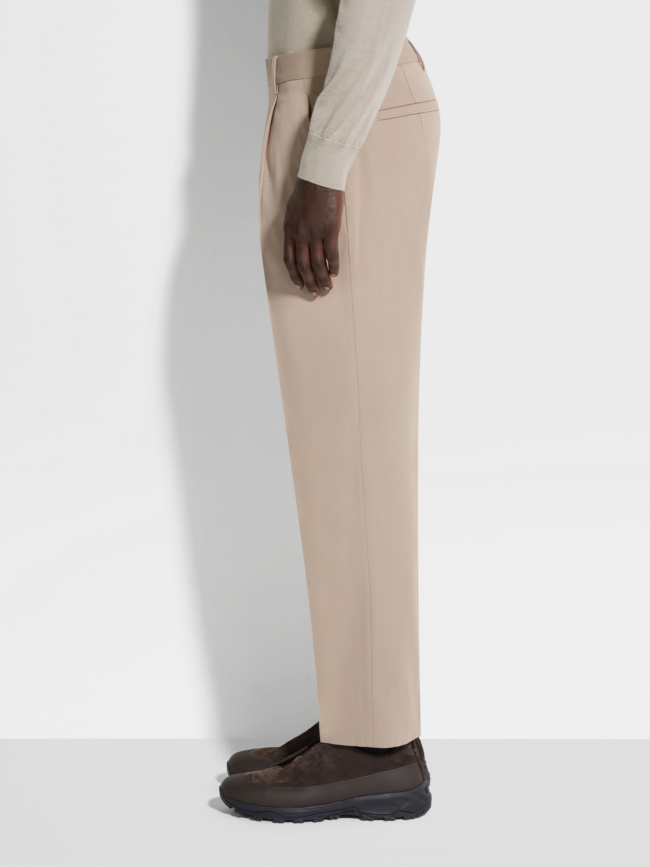 LIGHT TAUPE COTTON AND WOOL PANTS - 4
