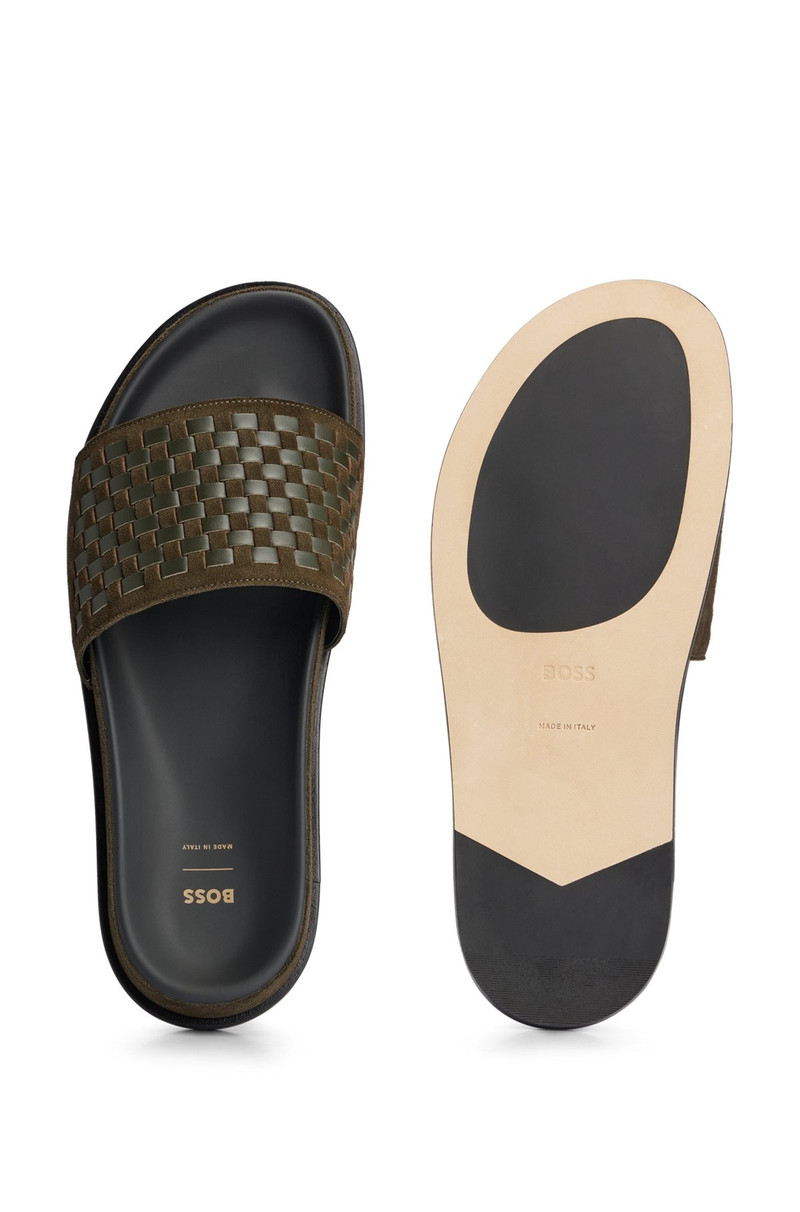 MIXED-LEATHER SLIDES WITH WOVEN UPPER STRAP 4