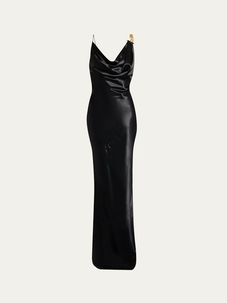 Cowl-neck Chain-Strap Satin Gown - 1