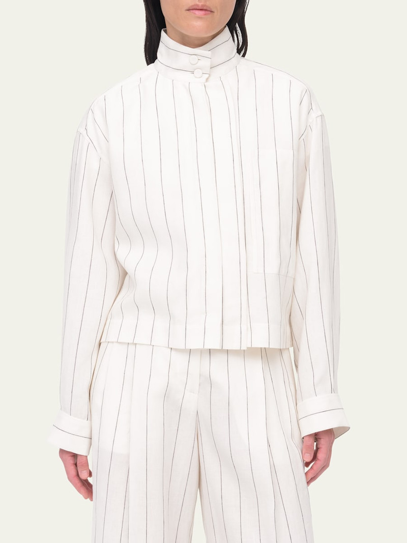 Another Tomorrow Stripe Stand-Collar Crop Linen Shirt outlook