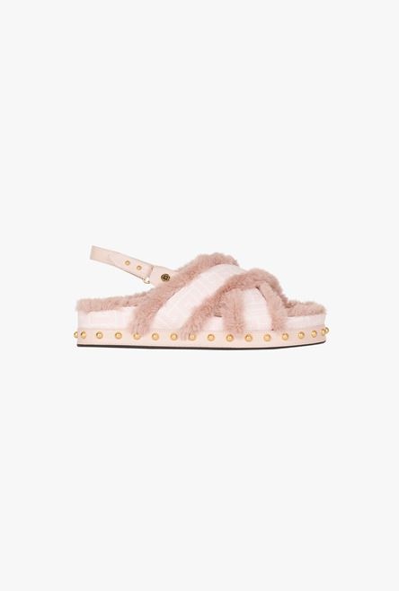 Bicolor jacquard and faux fur Tam flat sandals - 1