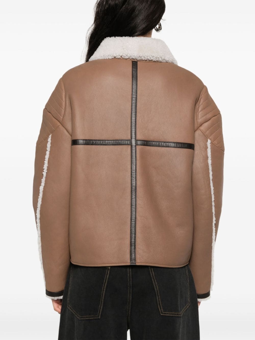 shearling-detail leather jacket - 4