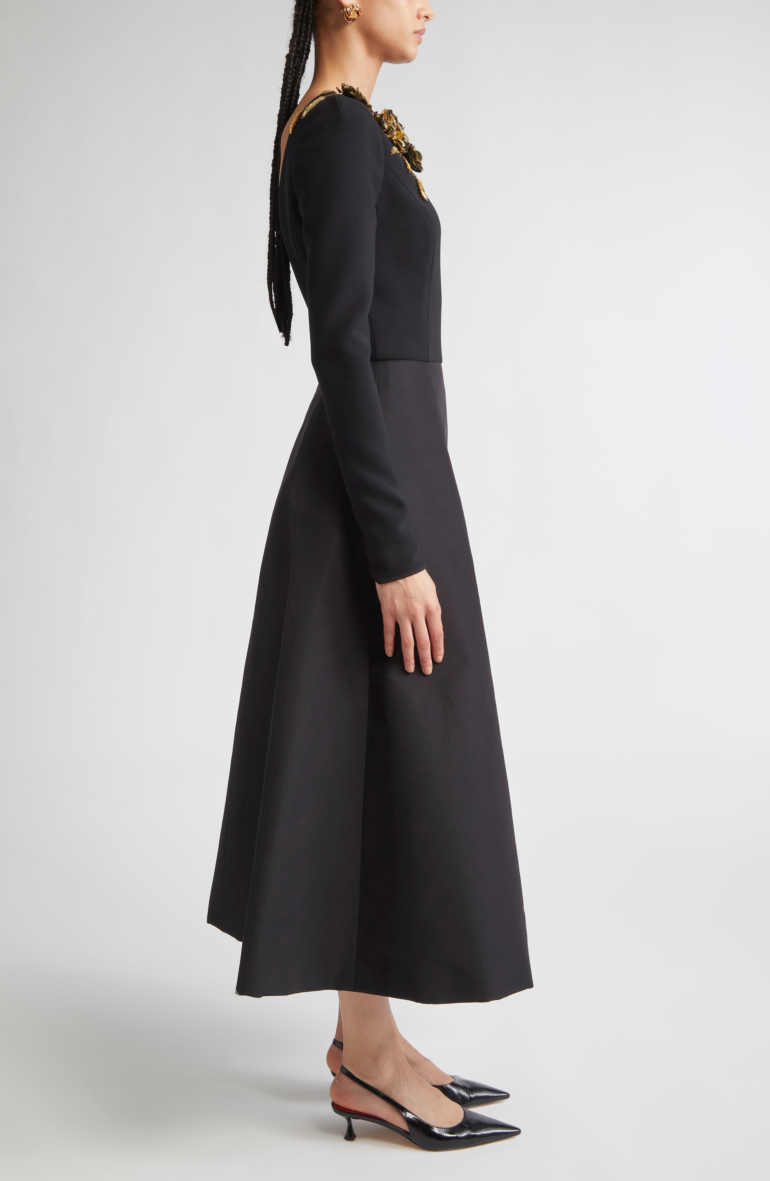 Carolina Herrera Floral Embellished Long Sleeve Midi Dress in Black Multi at Nordstrom - 3