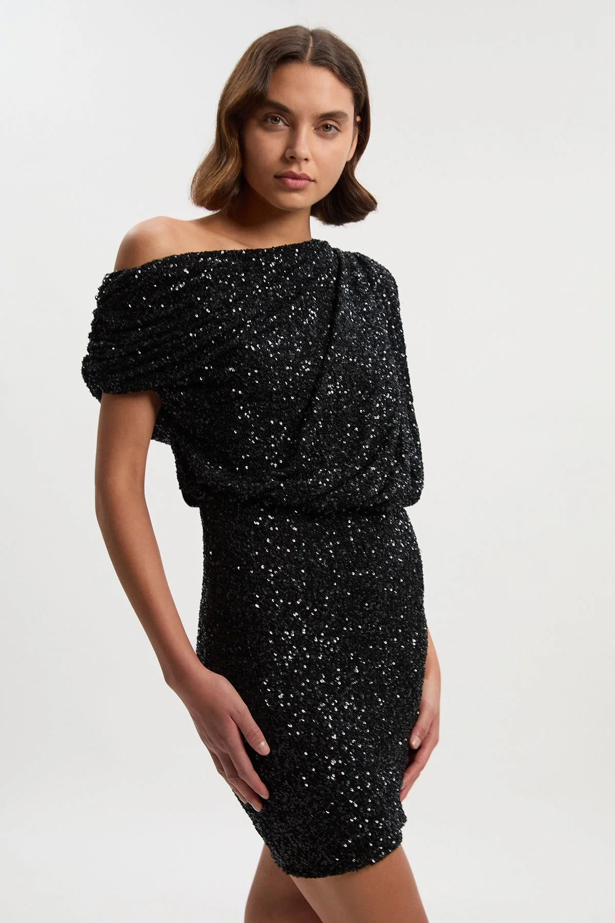 Draped One Shoulder Jersey Stretch Sequin Mini Dress - 1