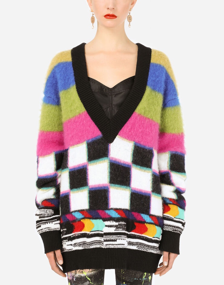 V-neck sweater with multi-color glitch design - 1