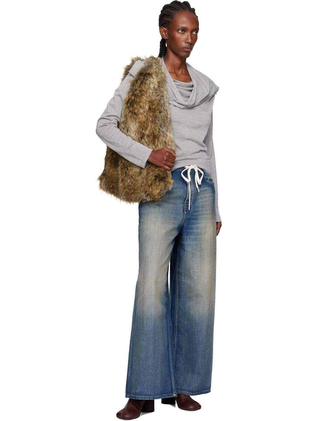 Brown Satin & Faux-Fur Tote - 4