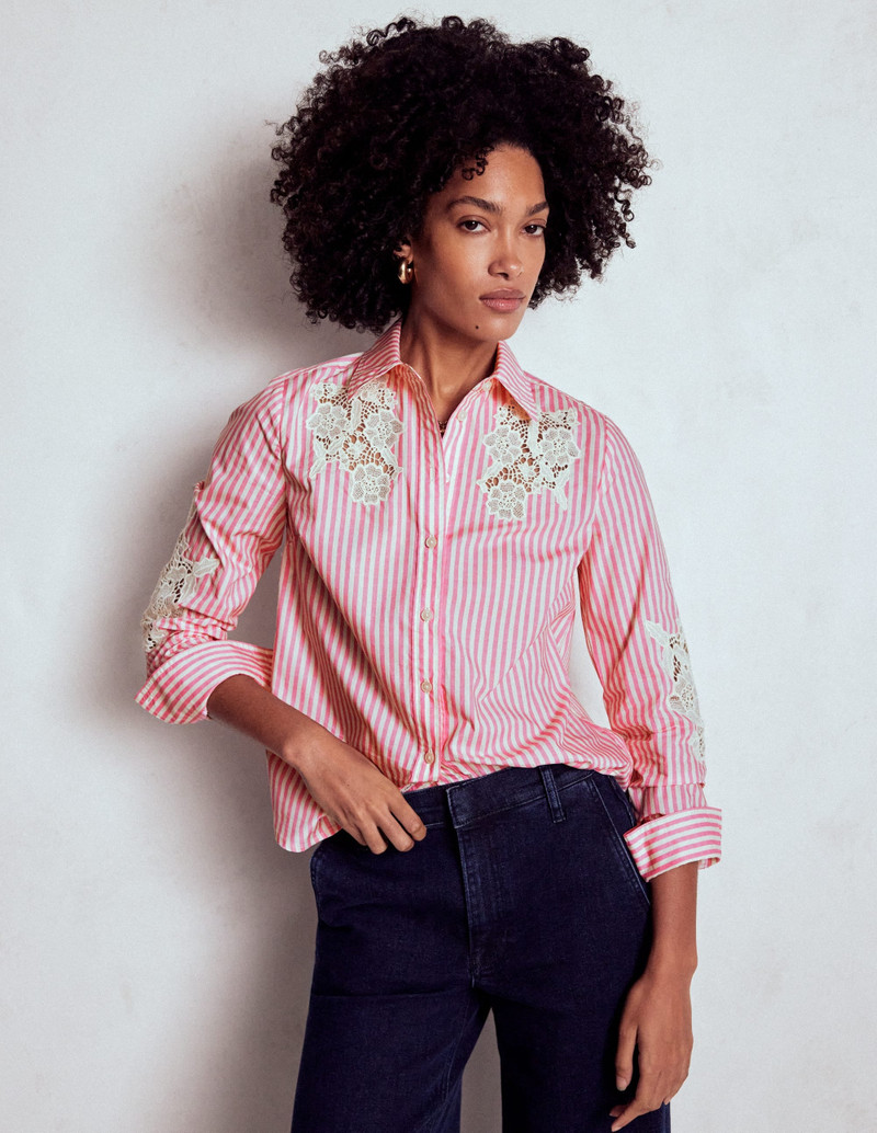 Sienna Interest Cotton Shirt-Pink and Ivory Cutwork Stripe 5