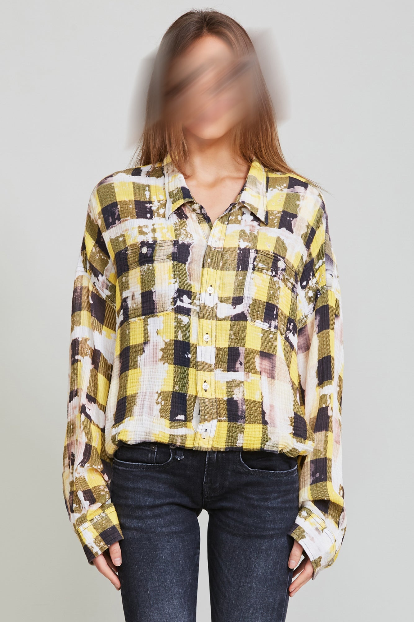 Gathered Hem Work Shirt - Bleached Yellow Plaid - 2