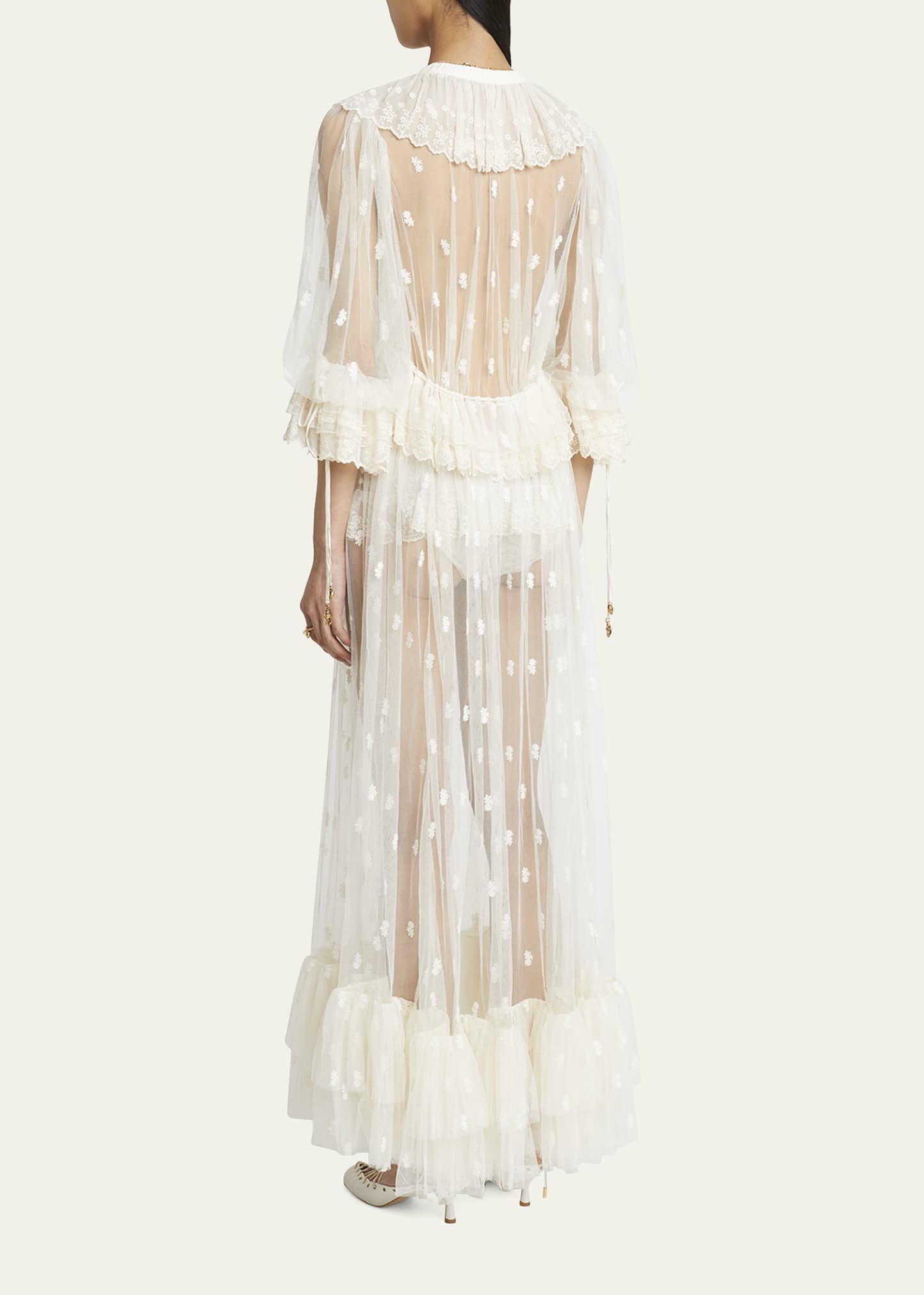 Long Lace Ruffled Drawstring Dress - 3