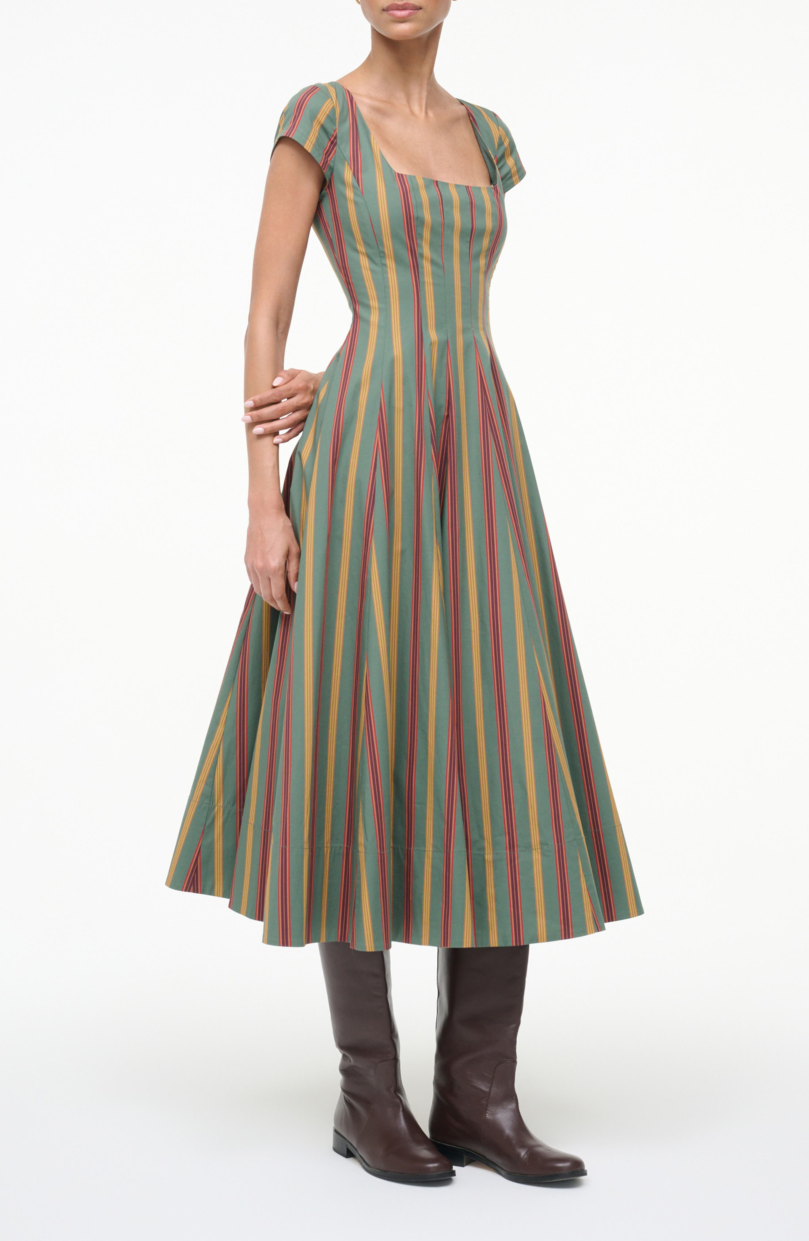 STAUD Wells Stripe Stretch Cotton Midi Dress in Trailblazer Stripe at Nordstrom - 3