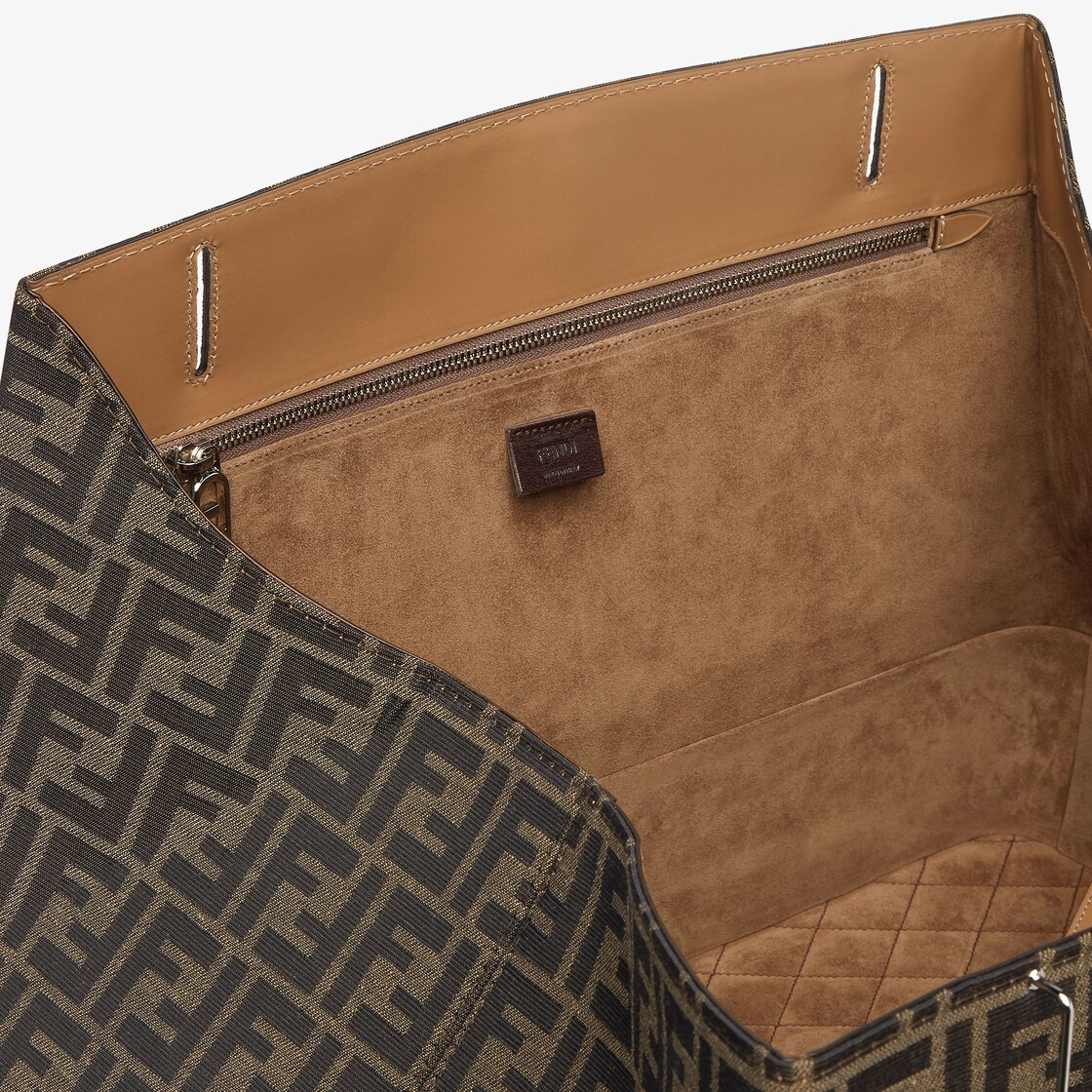 Suitcase with side opening, made of fabric with jacquard FF motif and beige leather. Snap clasp with - 6