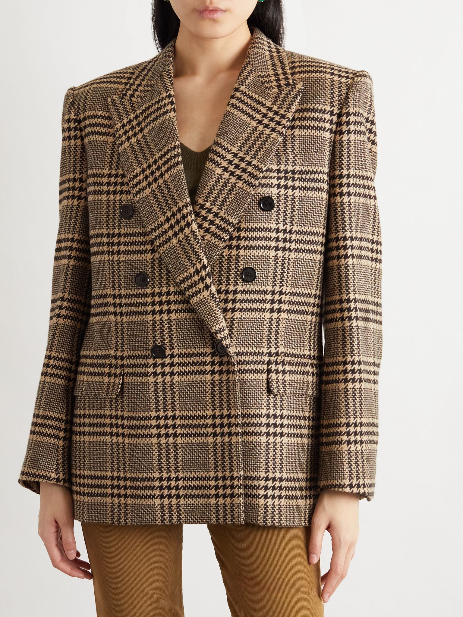 Double-breasted checked silk and cashmere-blend blazer Brown - 3