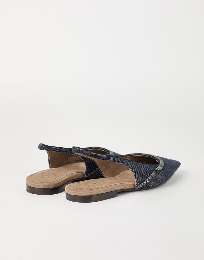 Brunello Cucinelli Cotton denim-effect twill slingback flats with shiny contour outlook