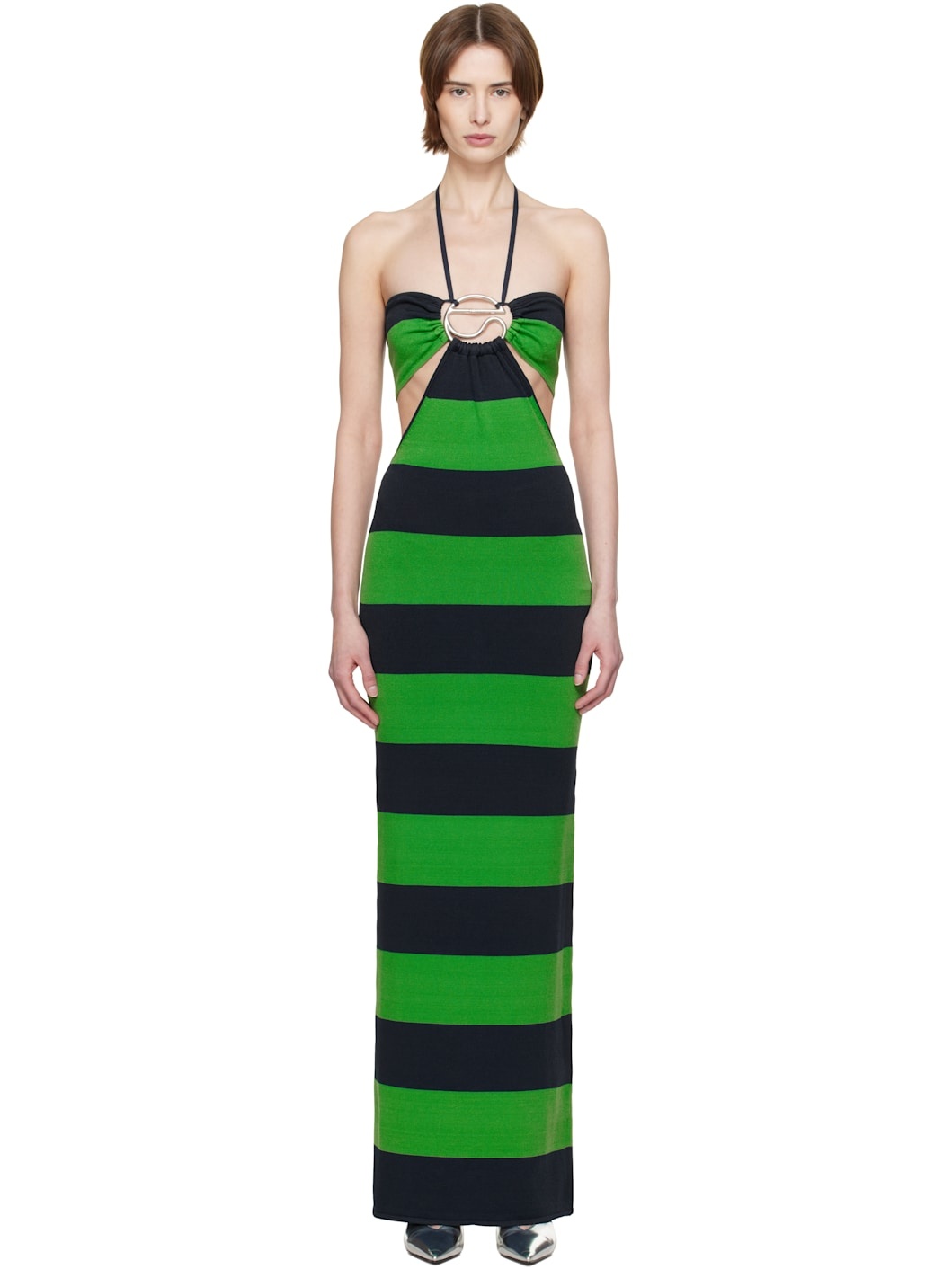 Green & Navy Knitted Striped Halter Maxi Dress - 1