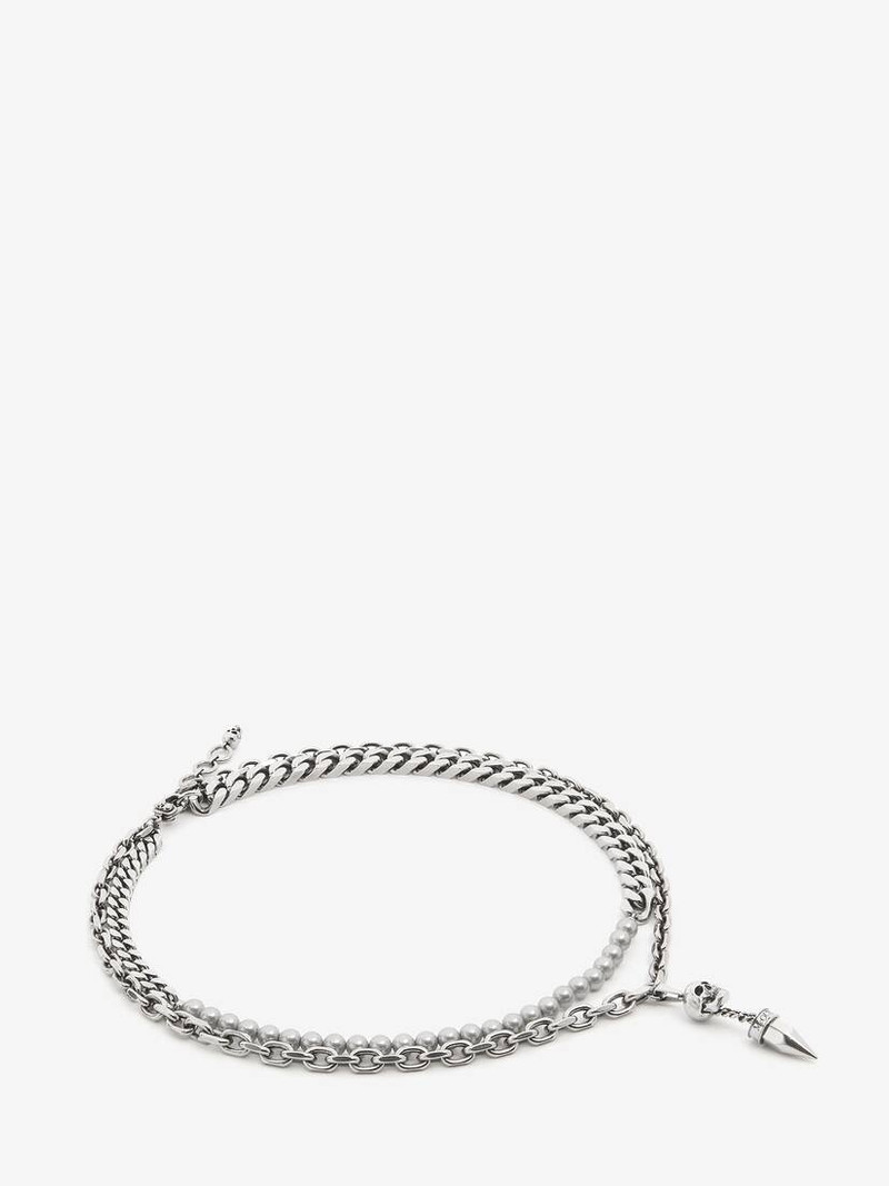 Alexander McQueen Men's Pearl And Skull Stud Necklace in Antique Silver outlook