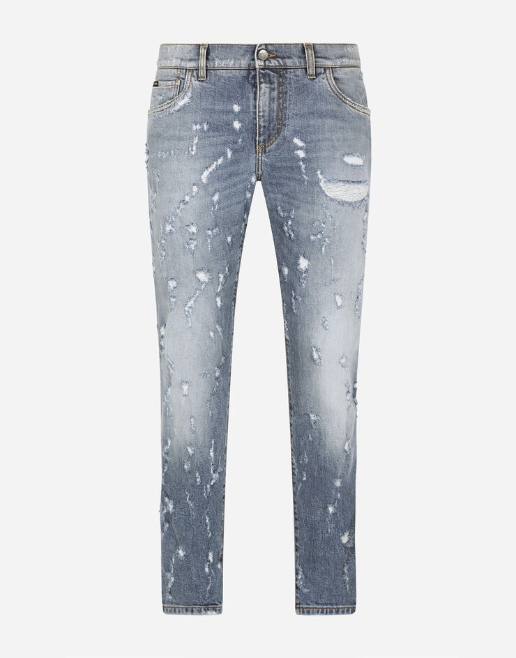 Slim-fit blue wash stretch jeans with abrasions - 1