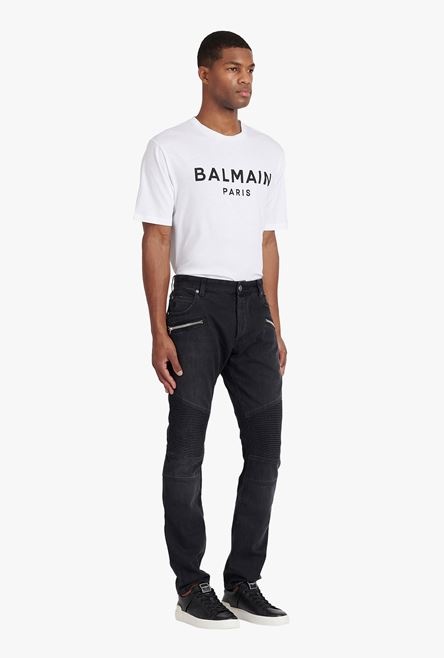 Slim cut faded and ridged black cotton jeans with Balmain monogram on hem - 7