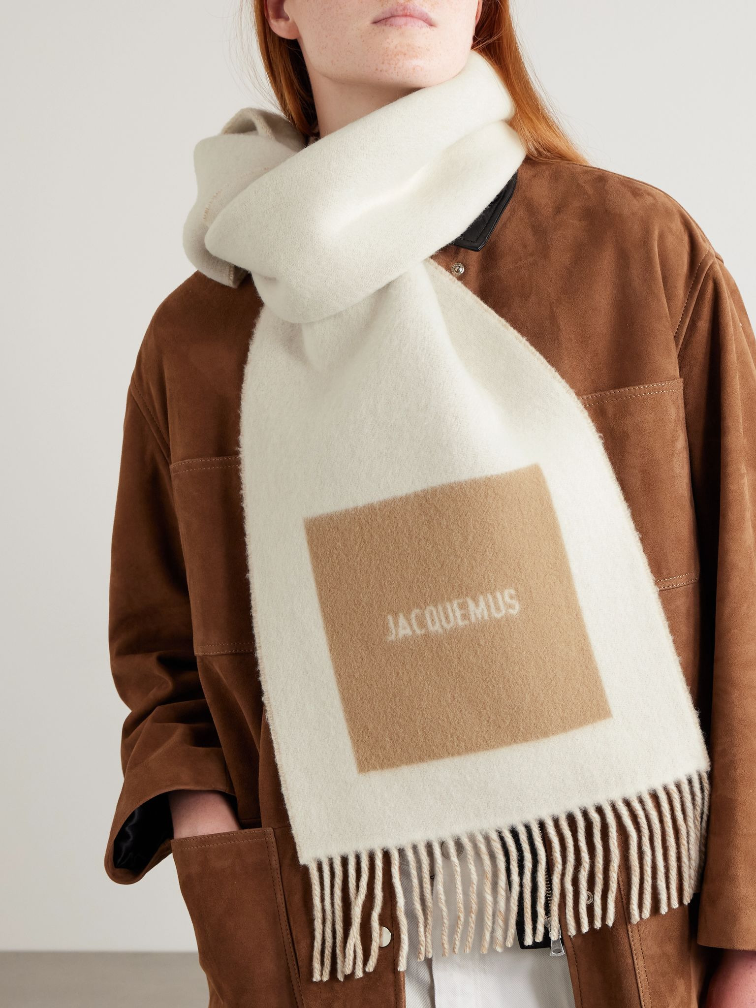Fringed wool-jacquard scarf Beige - 2