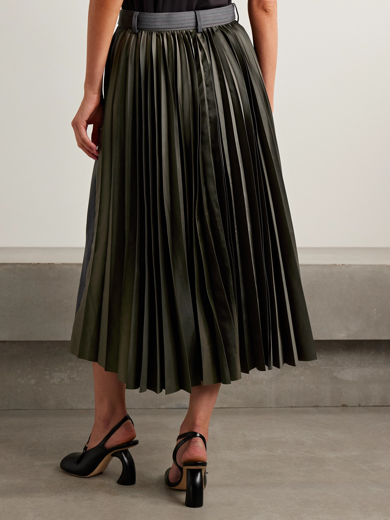 Belted Paneled Striped Woven And Pleated Satin-twill Midi Skirt - 3