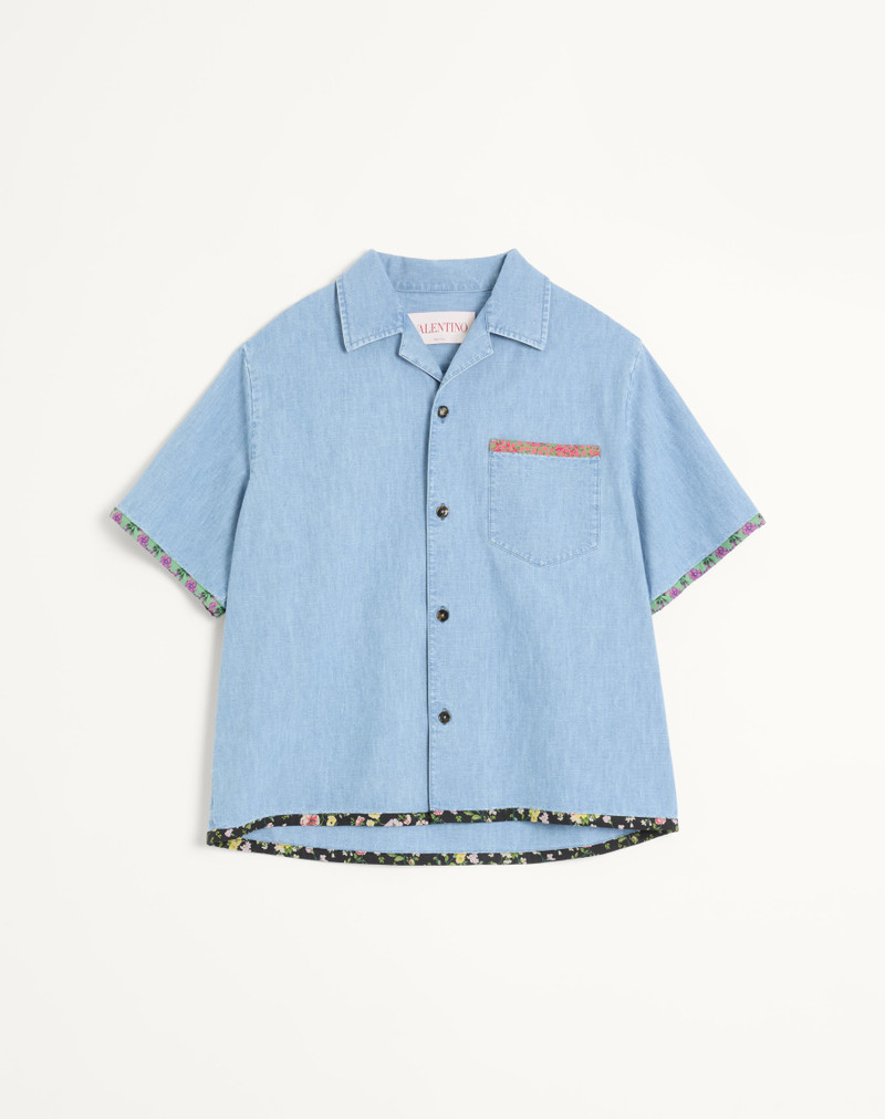 DENIM BOWLING SHIRT WITH FLORAL PRINT TRIM 1