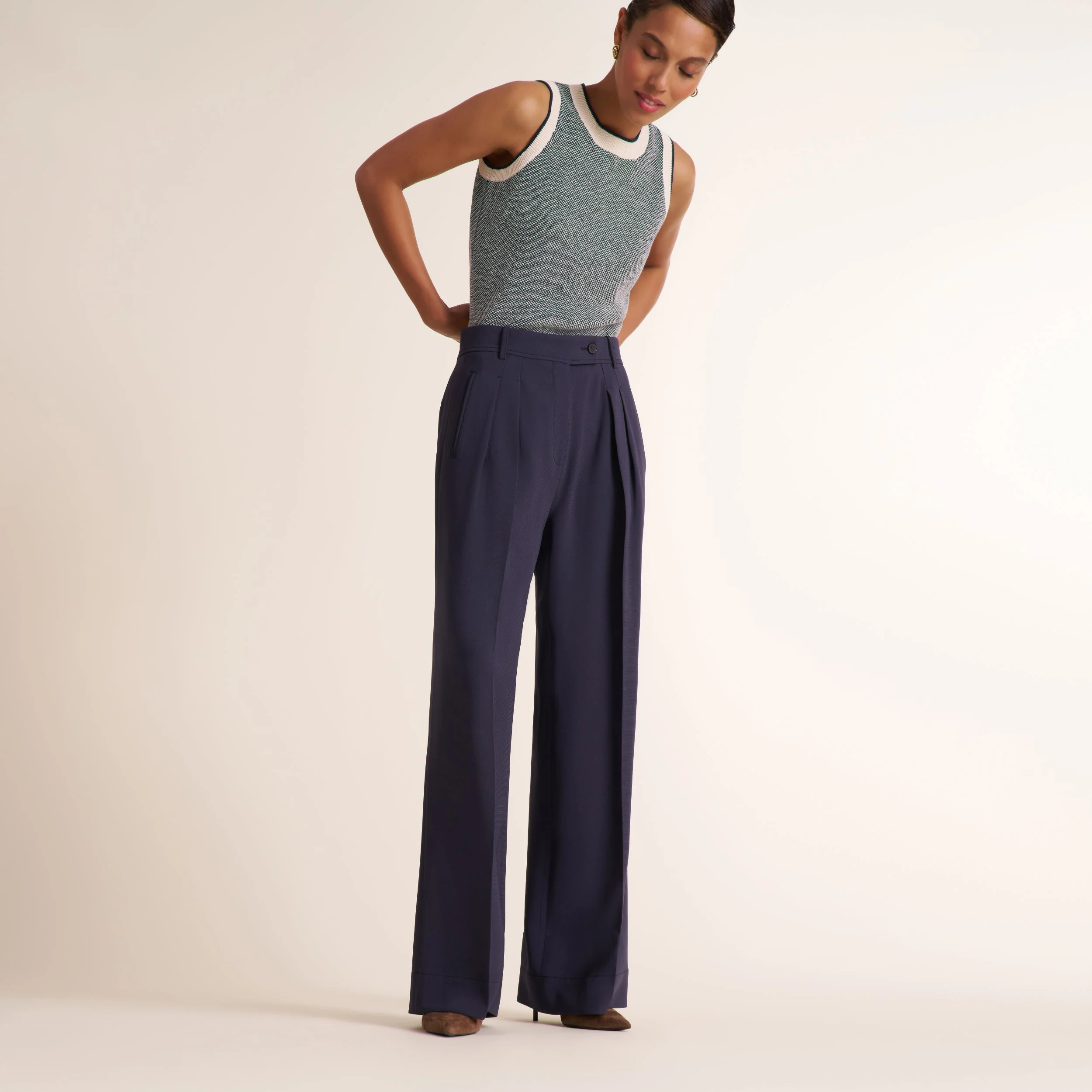 Bia Pleated Trouser - Everyday Crepe with Topstitch - 1