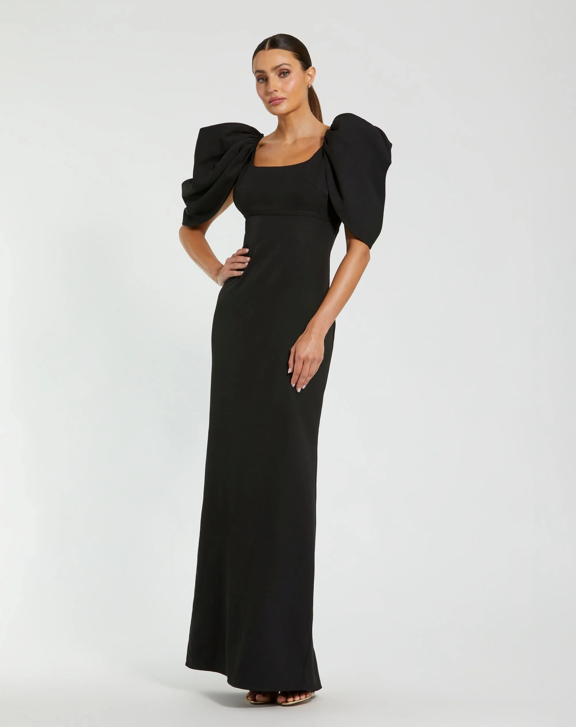 Black Crepe Square Neck Gown With Puff Sleeves - 1