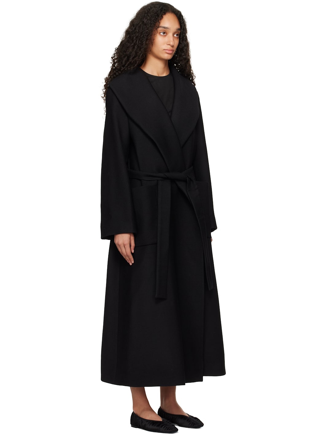 Black Shawl Collar Wrap Coat - 2