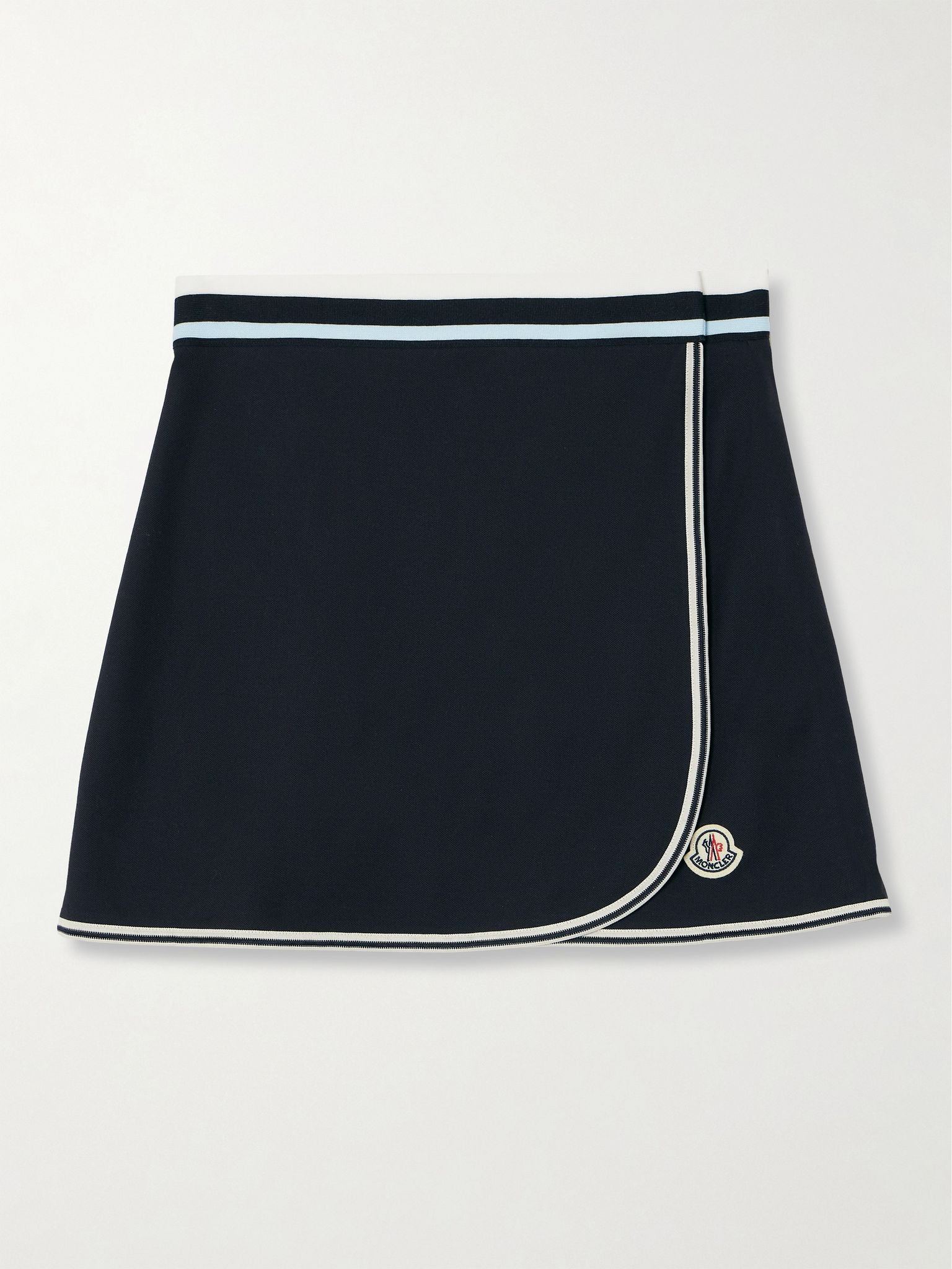 Appliquéd striped cotton-piqué mini wrap skirt Black - 1