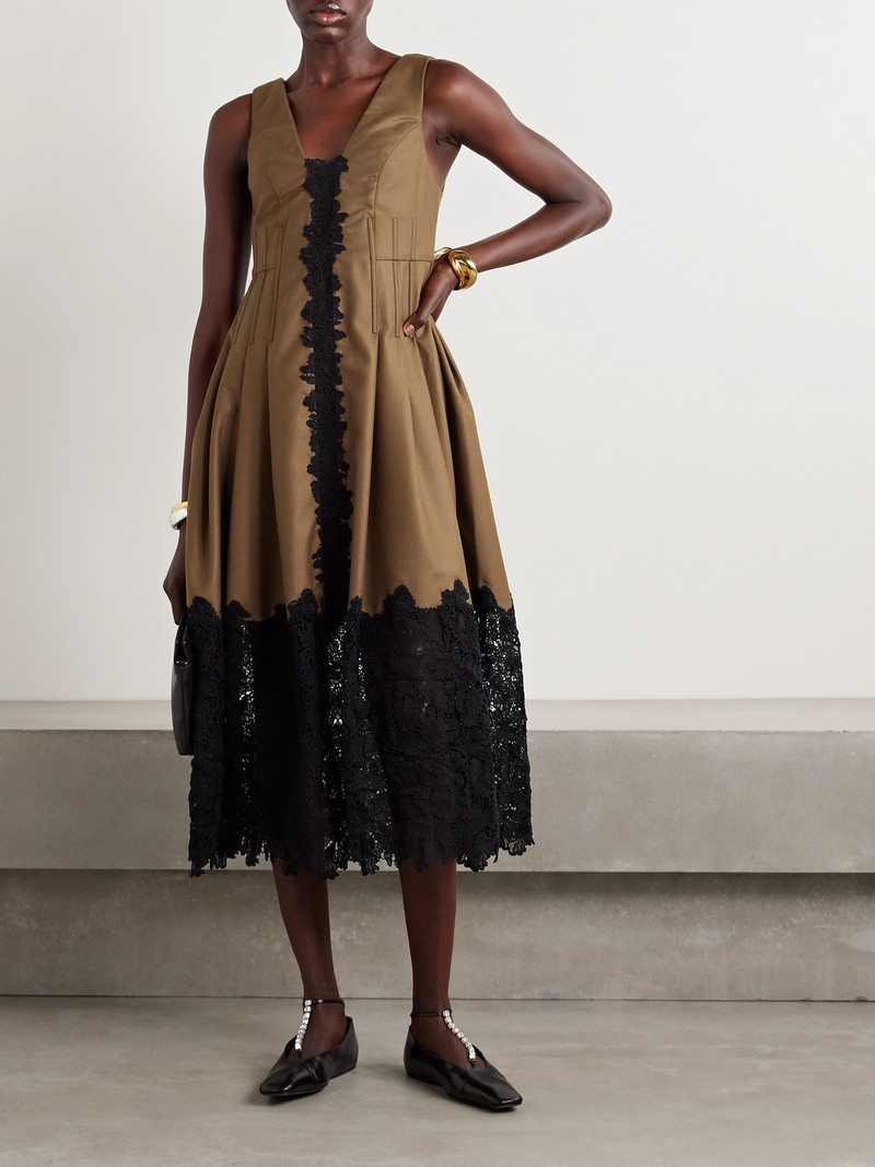 KIKA VARGAS Rosa Guipure Lace-trimmed Pleated Wool-twill Midi Dress outlook